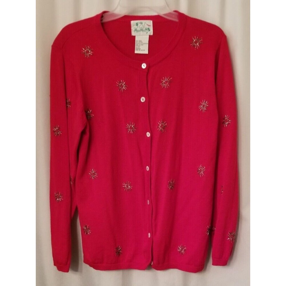Quacker Factory Women's Cardigan Red Beaded Snowflake Accents Buttons Size S